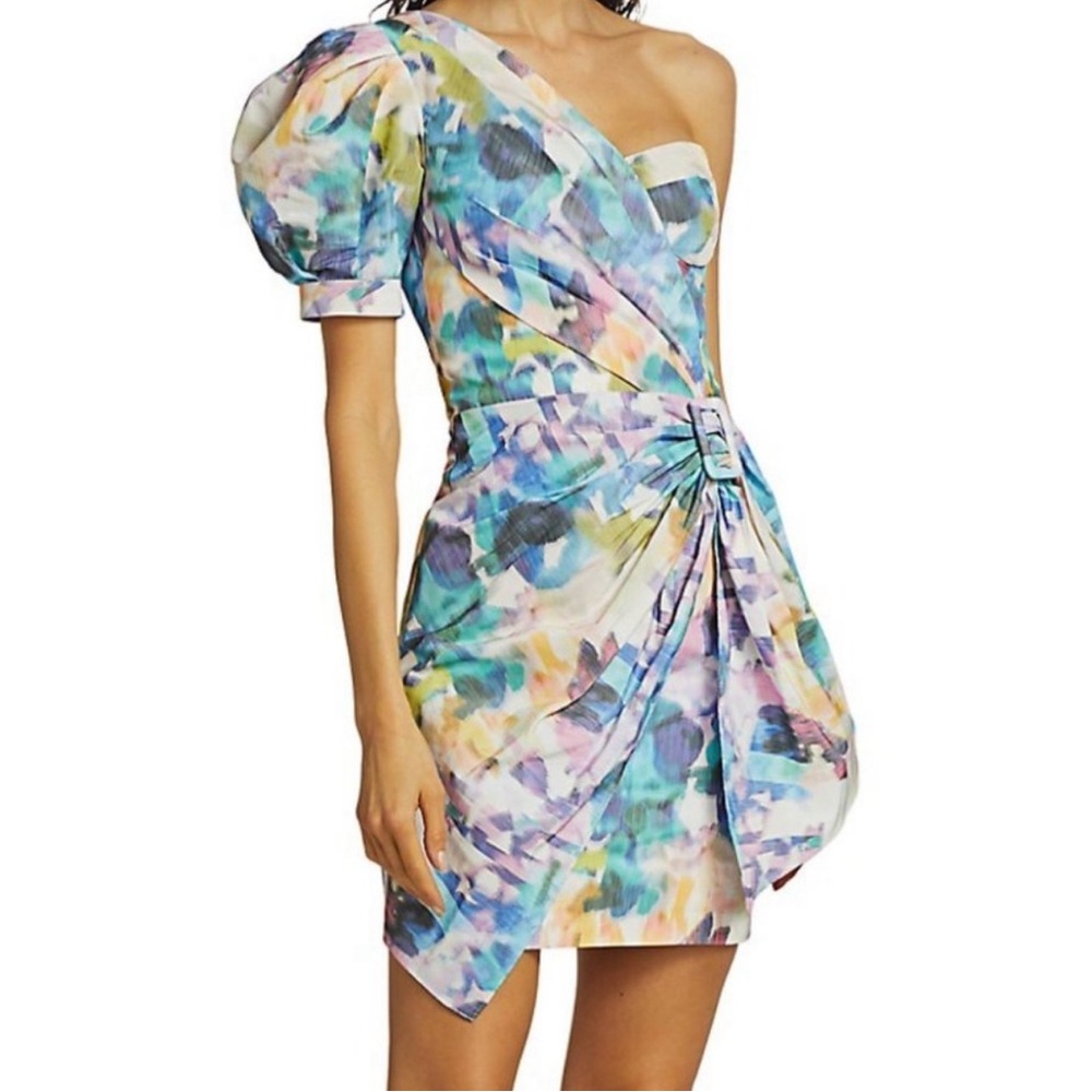 Flor Et. Al Rainbow One-Shoulder Puff sleeve dress size XS! Perfect for Easter.